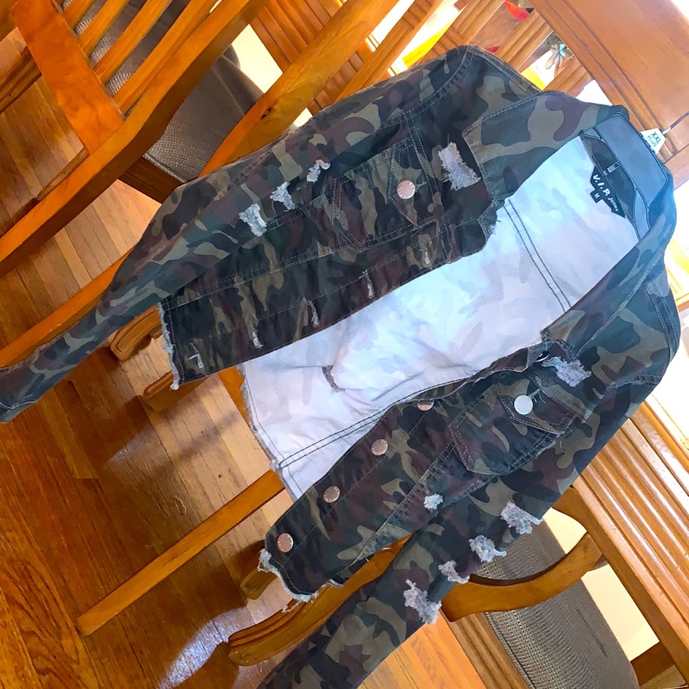 “I LOVE THE WEEKEND” Camouflage Distressed Jean Jacket